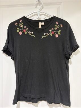 H&M Black Tee with Pink & Green Floral Embroidery